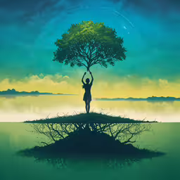 a person is silhouetted behind a tree on the edge of a body of water,the person is standing in the water near a tree
