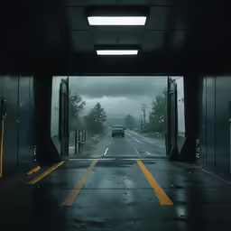a car passing through a tunnel with rain and clouds