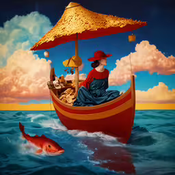 a painting of a person on a small boat,a painting of a woman in a boat with a gold parasol on her head and another fish nearby