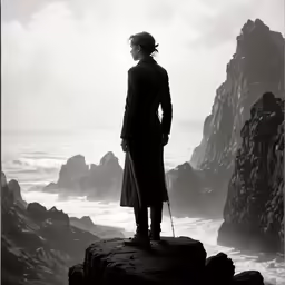 a man stands on a cliff overlooking a large body of water