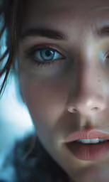 a close up image of the face of a woman with freckled hair and bright blue eyes