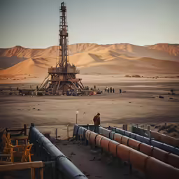 pipes are positioned in front of a large oil well