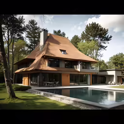 a triangular home with pool next to the house