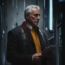 a man holding a clipboard standing in a doorway