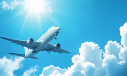 a big jetliner flying through a blue cloudy sky