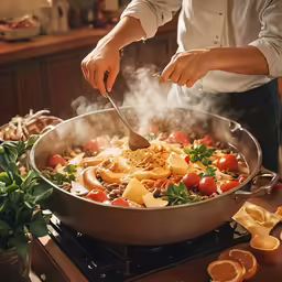 the chef is stirring the dish with the ladle