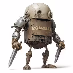 an animated robot is holding two large swords