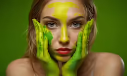a woman with her hands covering her face painted yellow and green