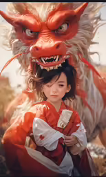 a little girl in an orange and white costume standing with a dragon head on her back
