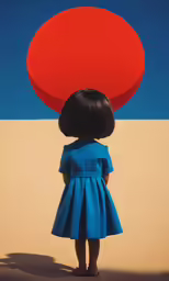 a little girl in blue standing next to a red ball