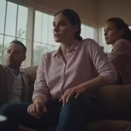 two young adults sitting on couches in the middle of a room