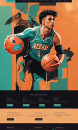 the website design for a basketball team,the front cover of a website design featuring a basketball player holding a basketball