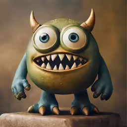 an evil looking green alien creature has horns and big teeth