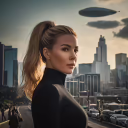 a girl in a black wetsuit with an alien hovering overhead