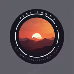 an orange sunset behind mountains with text reading russell paodm,a circular logo with the sun rising behind mountains