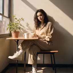 a woman sitting down in front of a table with a coffee cup