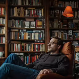 a man sits in a chair in a library