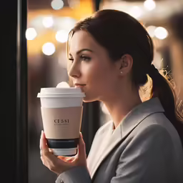 a woman holding a coffee cup to her mouth