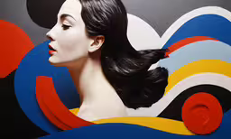 woman with black hair standing in front of a colorful background,a woman wearing long black hair and long dark wavy hair