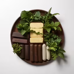 a chocolate tray is arranged in a circle with fresh leaves on it