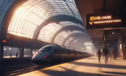 a sleek train at a train station with people walking by