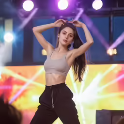 a woman on a stage with headphones in her ears
