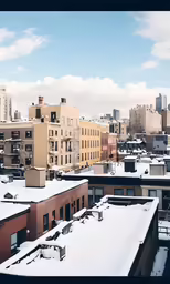 the rooftops and buildings of a city, with lots of snow on them