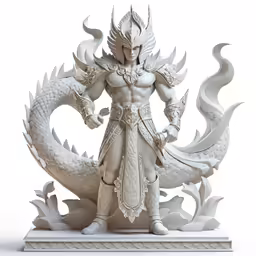 a white statue with large wings stands in front of a white background