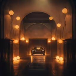 a car parked in a dimly lit building