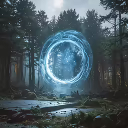 a mysterious night in a dark forest with bright blue lights