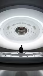 the man is sitting at the top of the ceiling,a person sitting on the floor under a big circular object