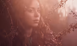 a woman standing near plants is staring ahead
