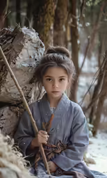 an asian girl is sitting in the woods holding a staff