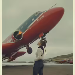 a woman standing outside while holding onto the wings of a plane