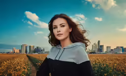 a woman in a black sweatshirt poses on a wheat field