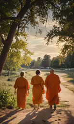 three monks walk along a dirt road in the forest