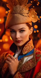 woman in red and gold hat with leaf decorations on it