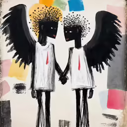 two people with black wings standing near each other