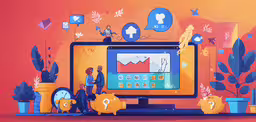 graphic images depicting people in front of computer screen with social icon,a man sits next to a monitor that displays graph bar