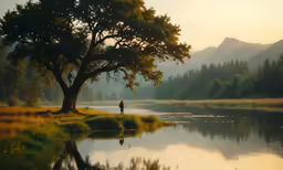 a person holding onto a tree near the water