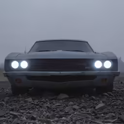 an old car in the middle of the gravel