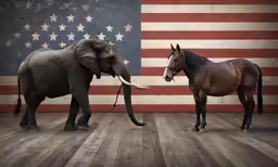 an elephant on a leash in front of an american flag