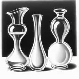 four different size vases on black and white background