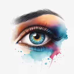 a blue eye with watercolor paint on it