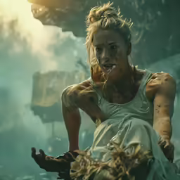 a female zombie sitting down in smoke looking at something