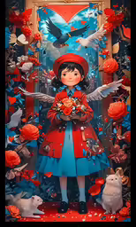a painting of a girl in an elaborately designed room surrounded by many birds and flowers