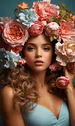 a beautiful woman with long hair in a blue dress with flowers in her hair