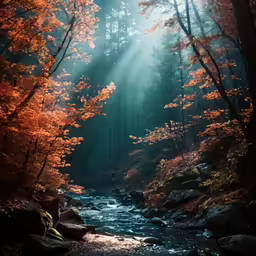 a stream in a wooded area of trees with bright leaves