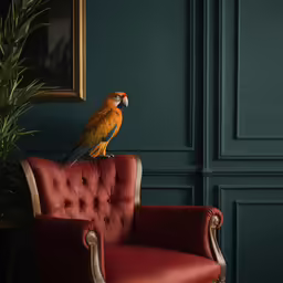 a parrot perched on a red chair with an empty armrest in front of a framed art piece