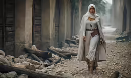 a woman walking in an alley with rocks